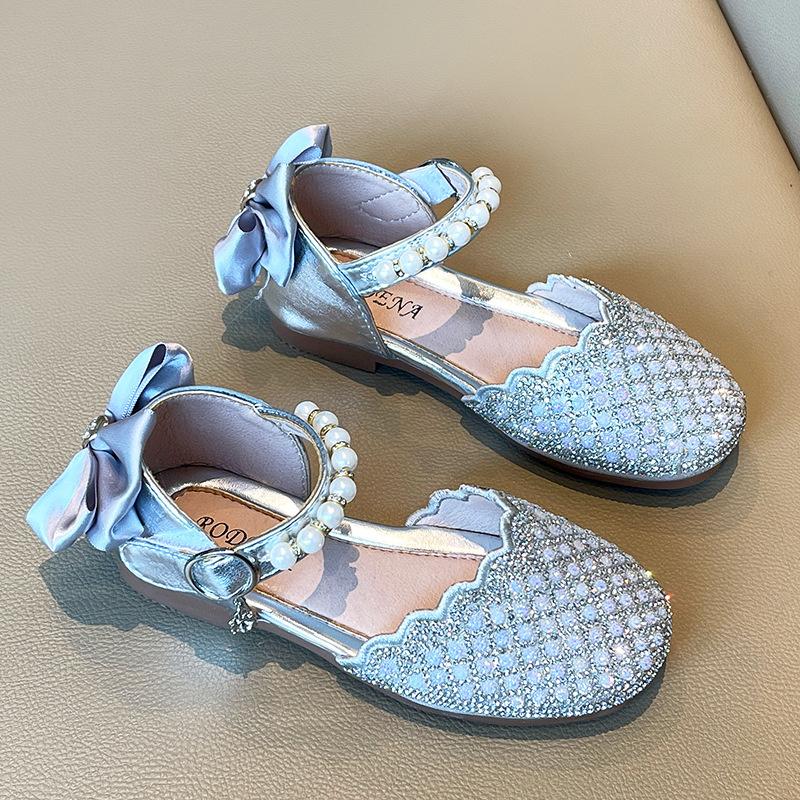 Summer Kids Sequined Pearls Princess Sandals Girls Bow Rhinestone Leather Sandals Children S Soft Bottom Party Baotou Sandalias 24