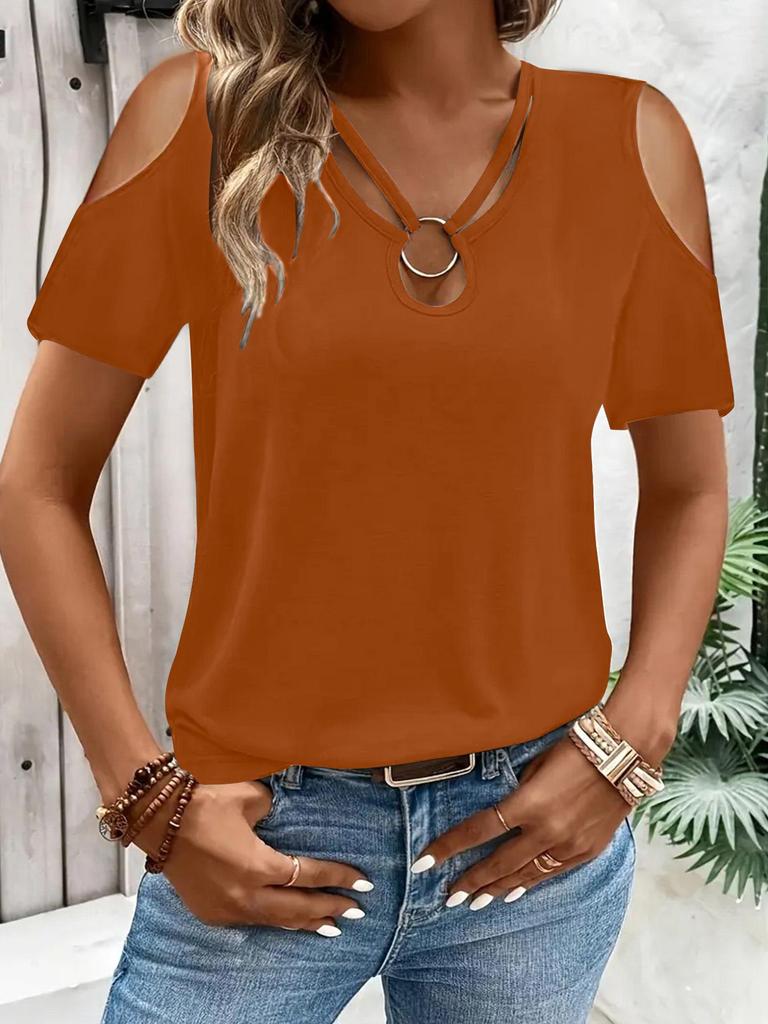 2026 Women's Solid Color V-Neck Off-Shoulder Short Sleeve Loose T-Shirt