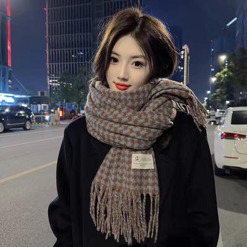 Korean Style Plaid Mohair Scarf - Women's Winter Imitation Cashmere Shawl