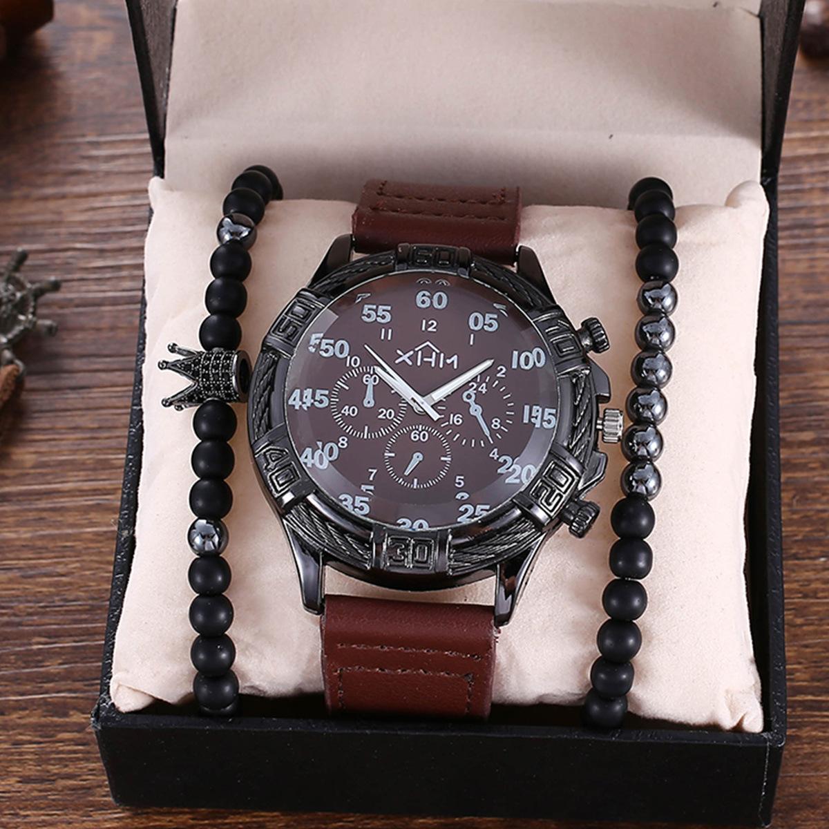 

Fashionable Casual Trendy Business Versatile Large Dial Strap Quartz Watch With Bracelet Set (3pcs/set)