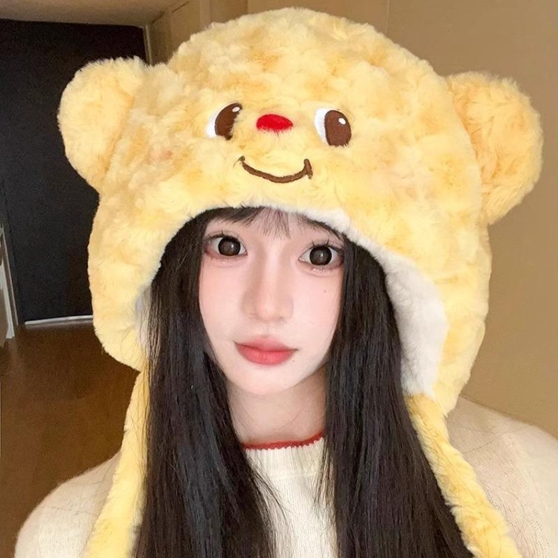 Butter Bear Plush Hat Women's Autumn and Winter Outdoor Cold Protection and Warm Ear Protection Cute Cartoon Knitted Hat