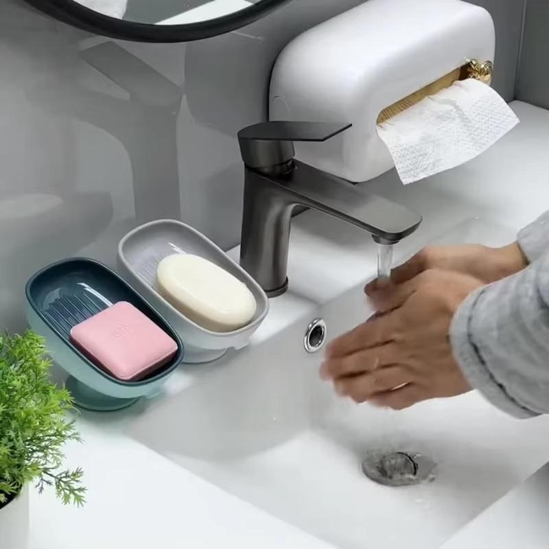 Self Draining Soap Holder with Super Suction Cup Non-Slip Detachable Soap Dish for Bathroom Kitchen Sponge Scrubber Storage