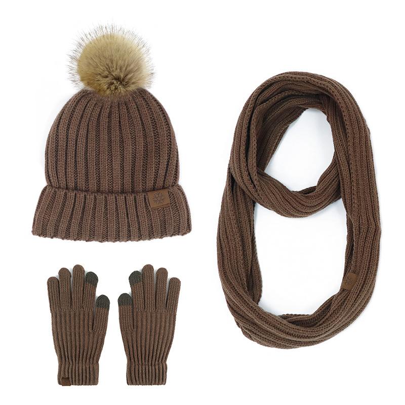 New product winter adult women's hairball knitted hat scarf gloves three-piece outdoor warm scarf set