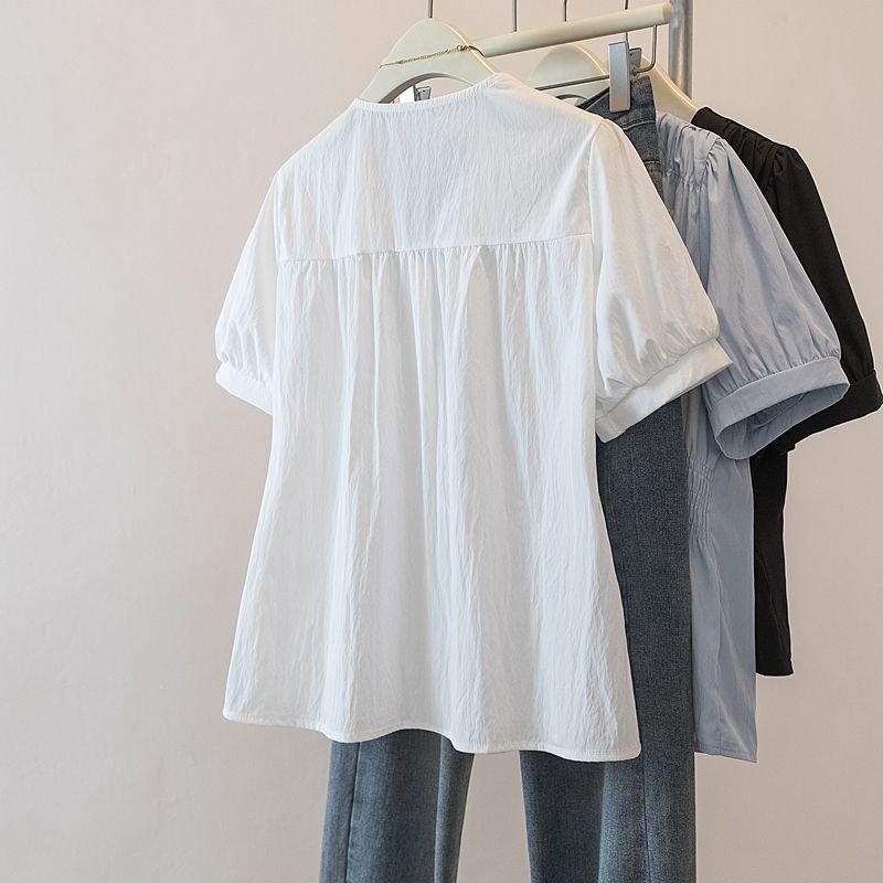 Plus Size Elastic Waist Office Lady Trend Shirt and Blouse Short Sleeve Solid Top  Women Clothing V-neck French Chic