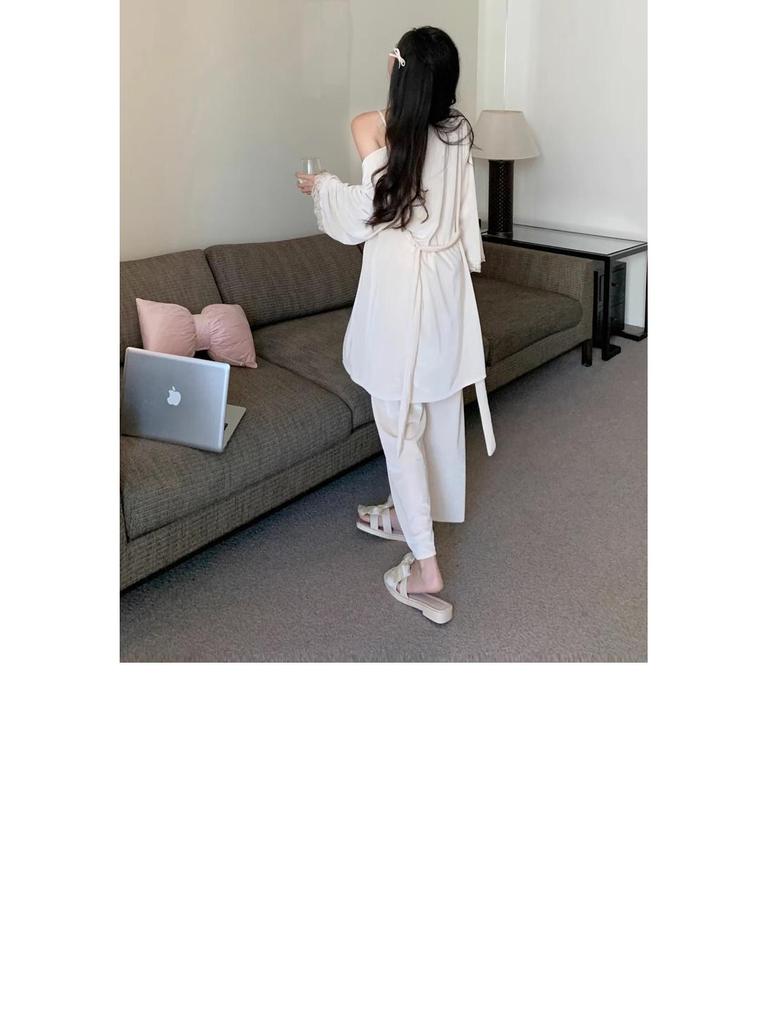 Złote aksamitne piżamy z koronkowym wykończeniem: Damski Seksowny Zestaw Trzyczęściowy Kamizelki z Wkładkami na Biust na Jesień/Zimę