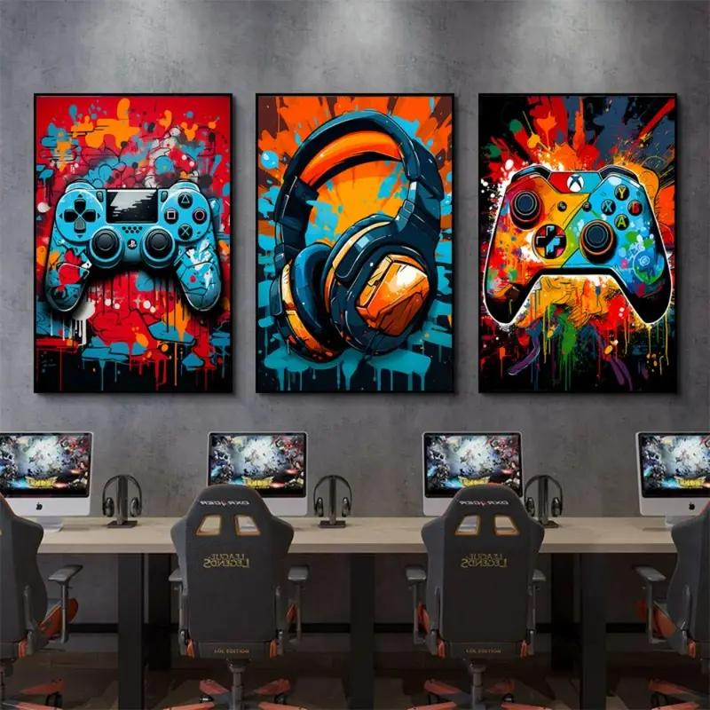 3pcs/set Gaming Graffiti Gamepad Earphone Funny Wall Art Canvas Poster Gamer Room Wall Decor Prints Modern Living Room Posters