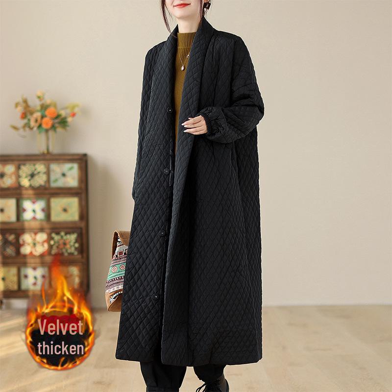 

Зима 2023 года, европейская куртка свободного кроя из хлопка с ромбовидным узором для женщин - большой размер 2XL чёрный