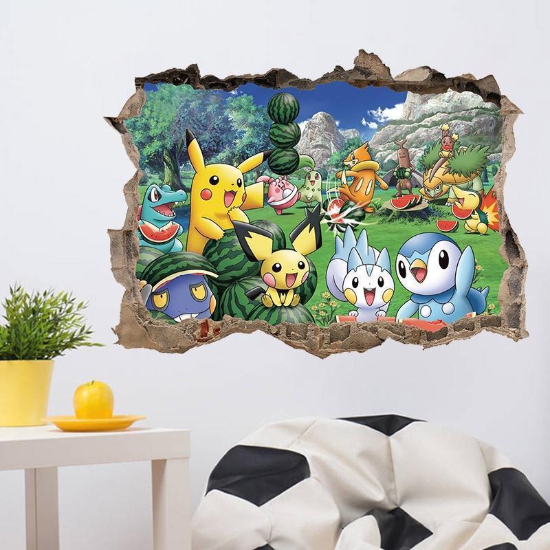 3D Cartoon Broken Wall Stickers Children's Room Pokemon Wall Stickers Children's Room Decoration Painting Background Mural