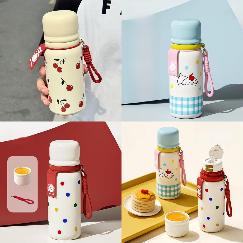Polka Dot Insulated Bottle For Girls With Straw And Carrying Cord For School And Travel