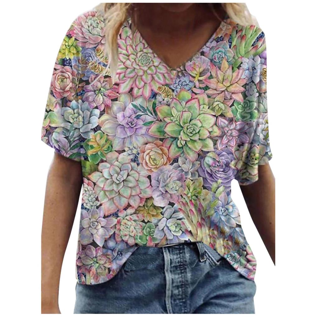 Women Tie-dye  Floral  Printed Colorful  Short Sleeve V Neck  Blouse Tops