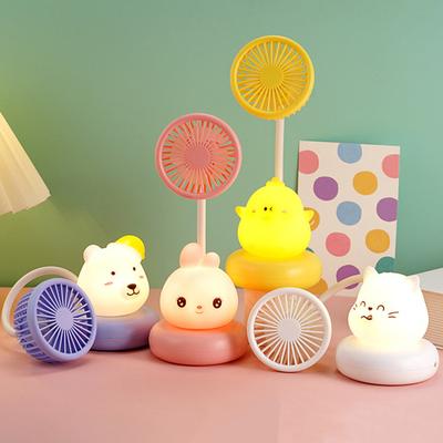 Cartoon Animal Night Light Fan with Flexible Neck USB Rechargeable Bedside Light Desk Fan Low Noise Cooling Fan with Night Lamp