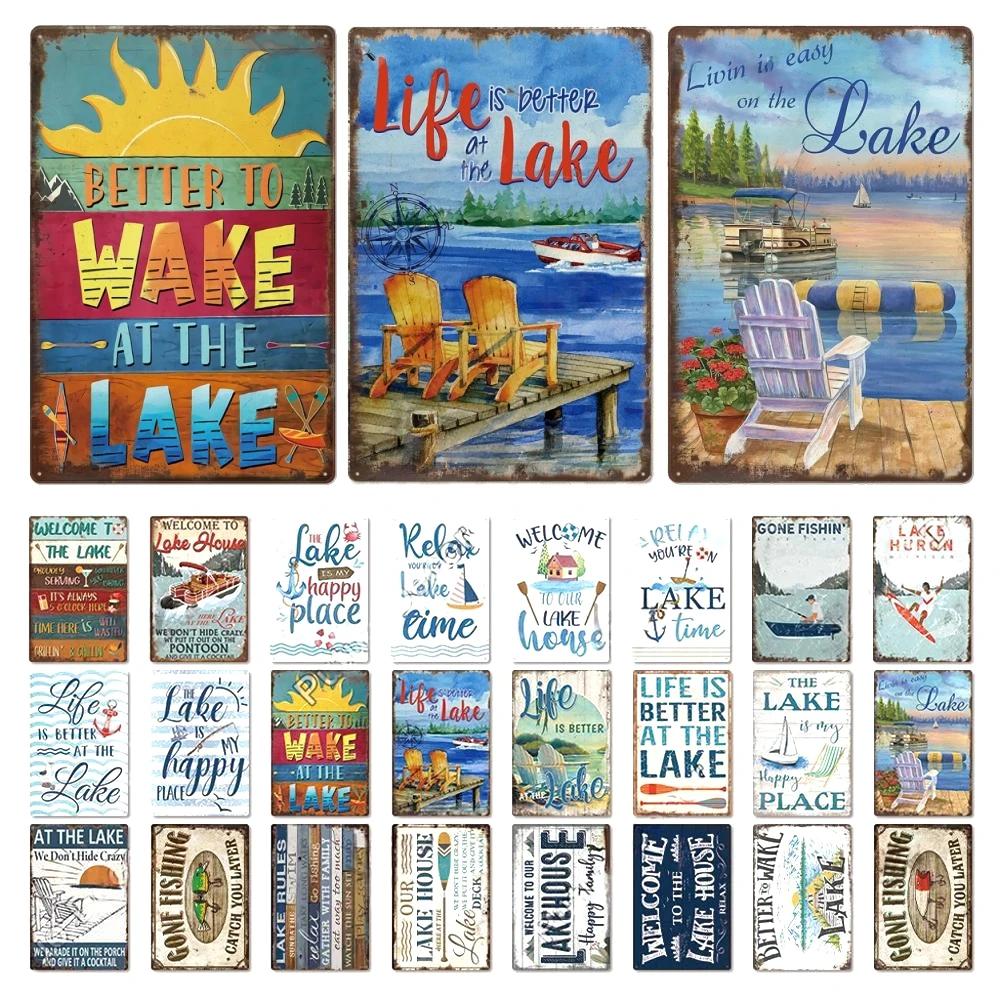 Lake House Posters Vintage Metal Tin Signs Decor Rustic Plaque Metal Plate Wall Art Decor for Living Room