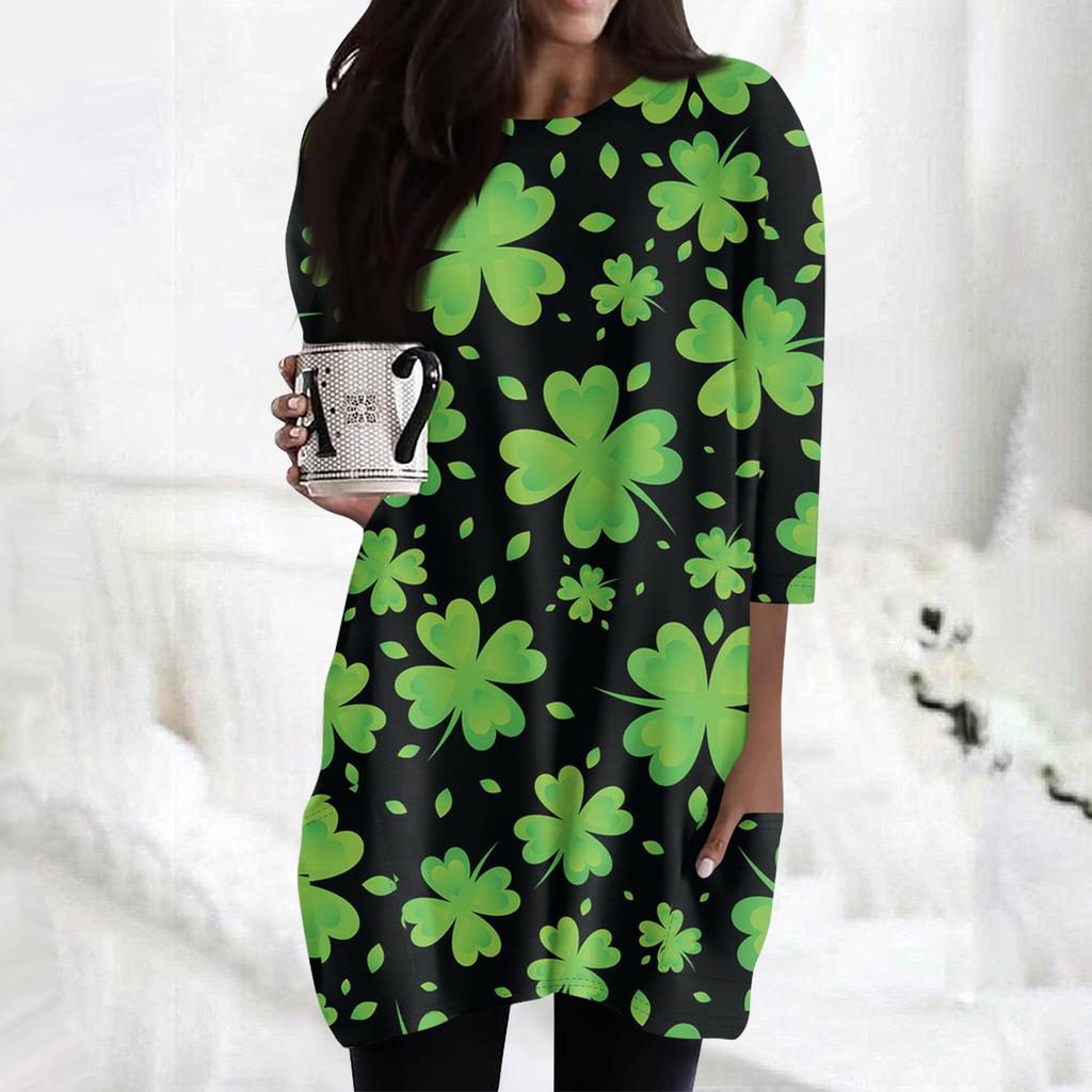 Women's  Casual 3/4 Sleeve Shirts Fashion St Patrick's Print Tunic Tops With Pockets