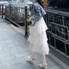 Women Sling Dress V-Neck Sleeveless Multi Layer Lace Splicing Design Maxi Dress Solid Color