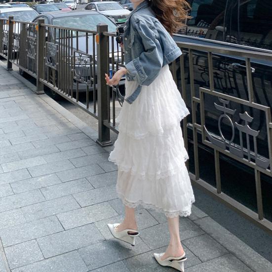 Women Sling Dress V-Neck Sleeveless Multi Layer Lace Splicing Design Maxi Dress Solid Color