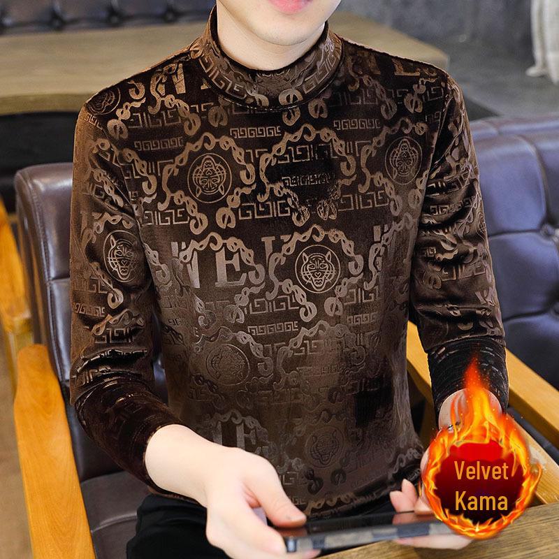 Ανδρικό μοντέρνο χρυσό βελούδινο μπλουζάκι με μακρυμάνικο μεσολαιμό - Παχύ, ζεστό, φθινοπωρινό/χειμωνιάτικο μπλουζάκι με μισό ψηλό γιακά