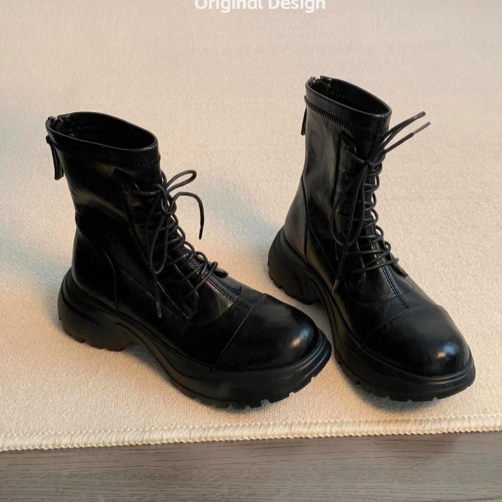 Super Soft Leather Platform British Martin Boots Women's 2025 New Rear Zipper Lace-up Short Boots Women's Spring and Autumn