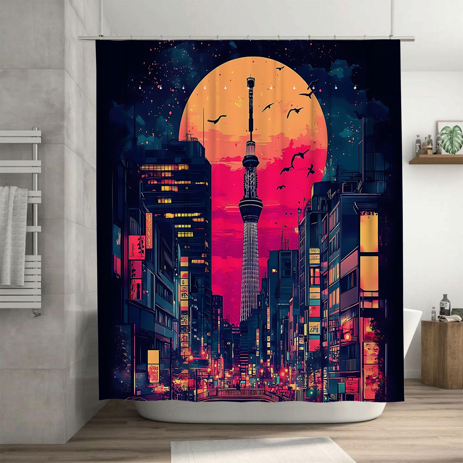 

Waterproof Heat Resistant Tokyo Skytree Sunset Print Bath Curtain Machine Washable Non Transparent Complimentary Hook Easy-Clean W60H190(CM)-1 Pcs