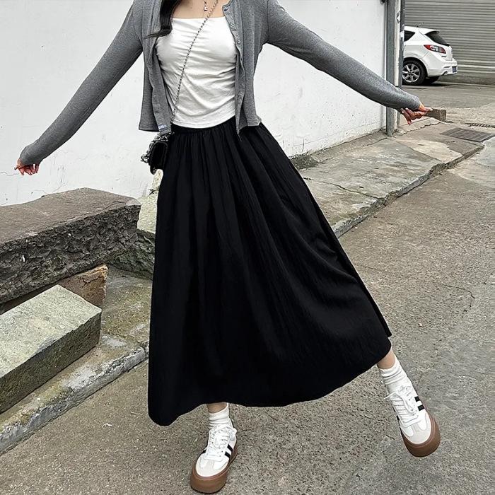 

Yamamoto Qun women s summer apricot high waist pleated new long dress loose and thin casual and fresh A-shaped skirt S чёрный