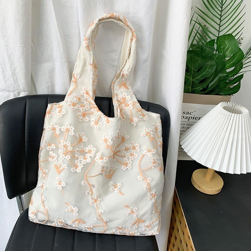 Embroidered Cherry Female Canvas Shoulder Bag Large Capacity Female College Girls Vest Bag Handbags Sweet Bow Ladies Tote Bags
