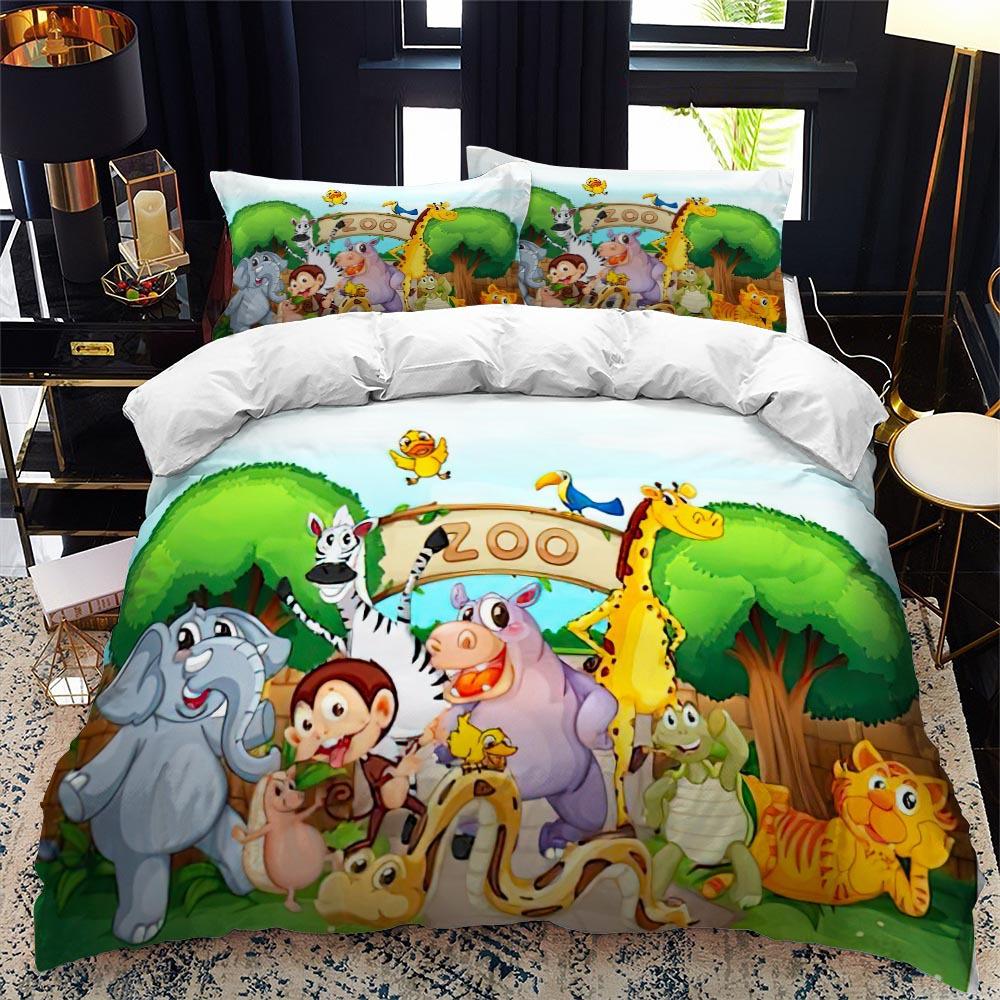 Zoo Duvet Cover Set King Queen Size Animal In The Forest Cartoon Illustration Lion Panda For Kids Girl Boy Polyester Bedding Set