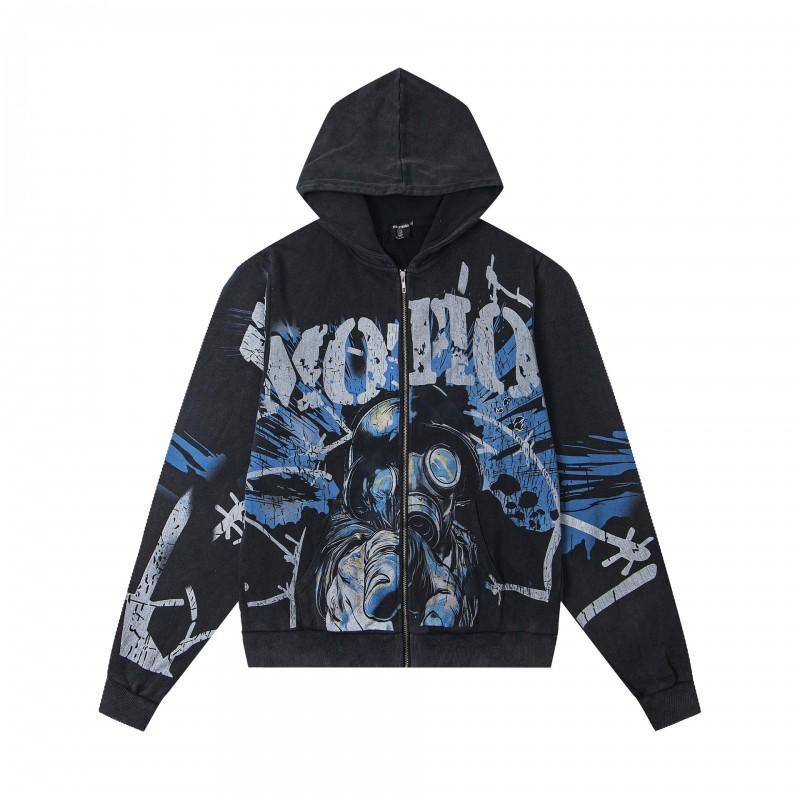 Mens Oversized Hooded Zip-Up Sweatshirt With Rhinestone Letter Print Cotton Streetwear