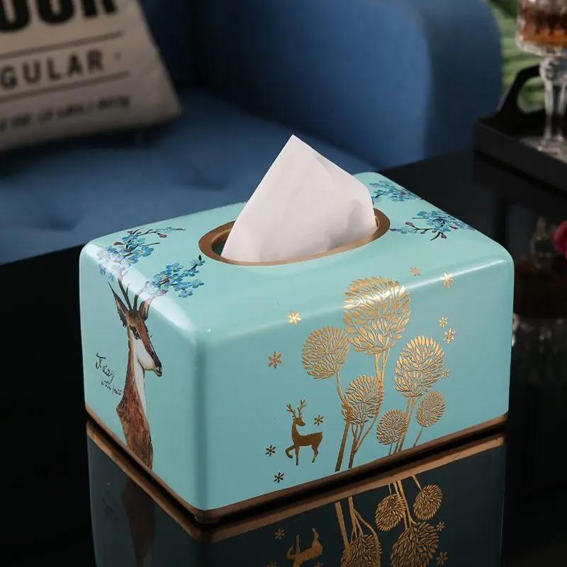 

Коробка для салфеток из керамики в деревенском стиле синего цвета, расписанная вручную золотым акцентом, прочный демонстрационный элемент, элегантный настольный диспенсер, предмет декора ручной работы