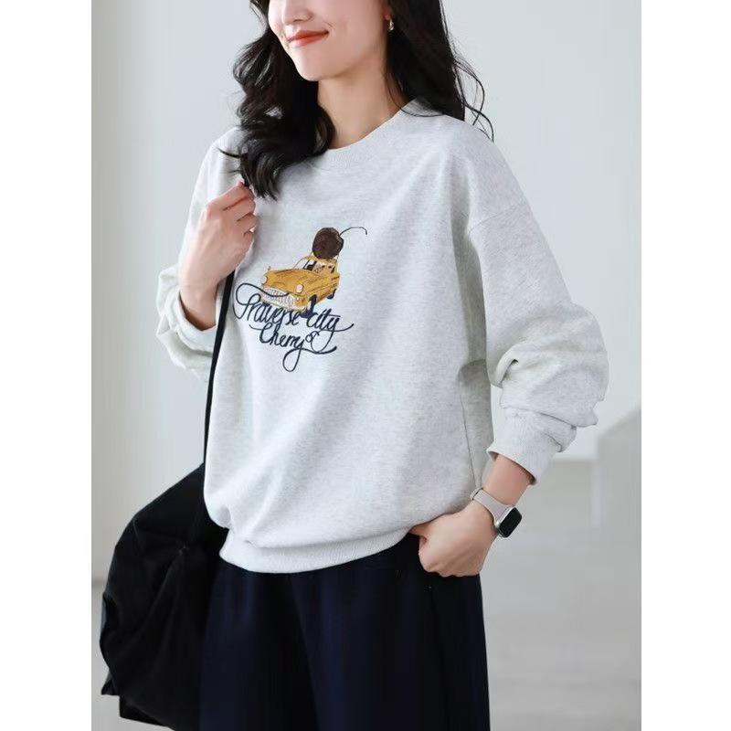 2025 Autumn Women's Cotton Round Neck Printed Casual Loose Slimming Long Sleeve Hoodie Top