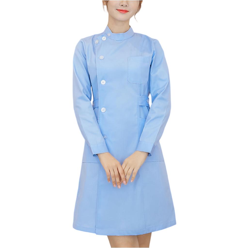 Women's Fashion Bias Lapel Standing Neck Long Sleeve Solid Color  Uniform Dresses