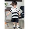 Turn Down Collars Boys Summer Outfits Striped Short Sleeve Cartoon T Shirt Pockets Shorts Fashion Golf Sport Clothes