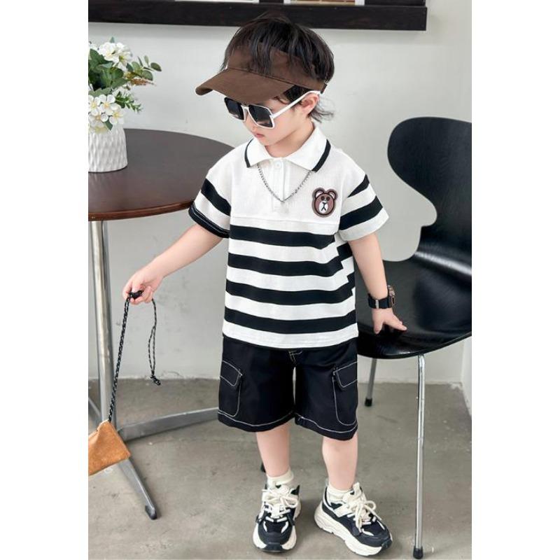 Turn Down Collars Boys Summer Outfits Striped Short Sleeve Cartoon T Shirt Pockets Shorts Fashion Golf Sport Clothes