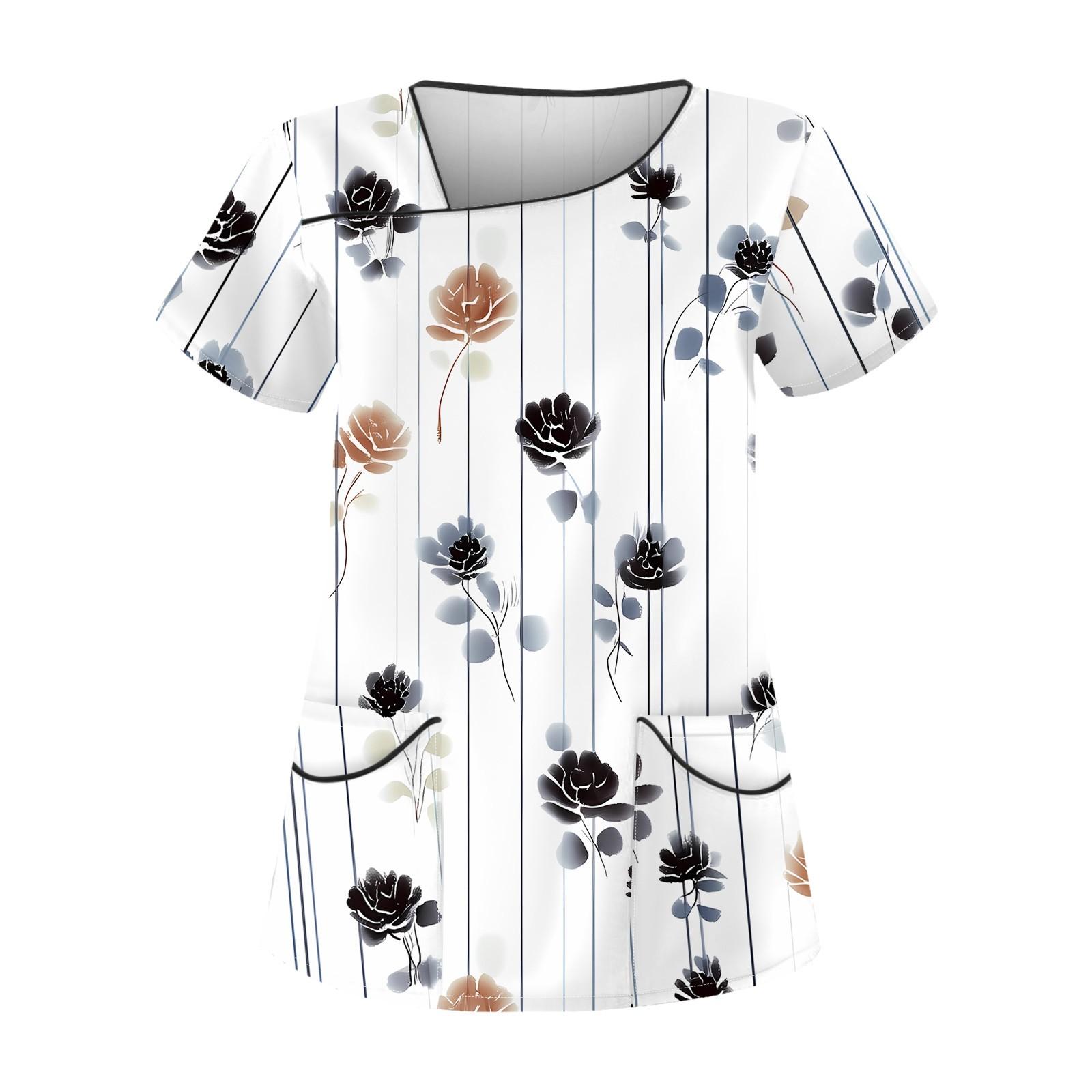 

Женская повседневная рабочая одежда с короткими рукавами и наклонным воротником с принтом и двойными карманами XL белый