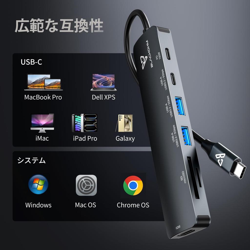 Blackohm Hub USB C USBHUB Hub Sortie HDMI Communication de données PD100W Charge rapide 5 Gbps Lecteur de carte SD Lecteur de carte MicroSD Carte Compatible avec