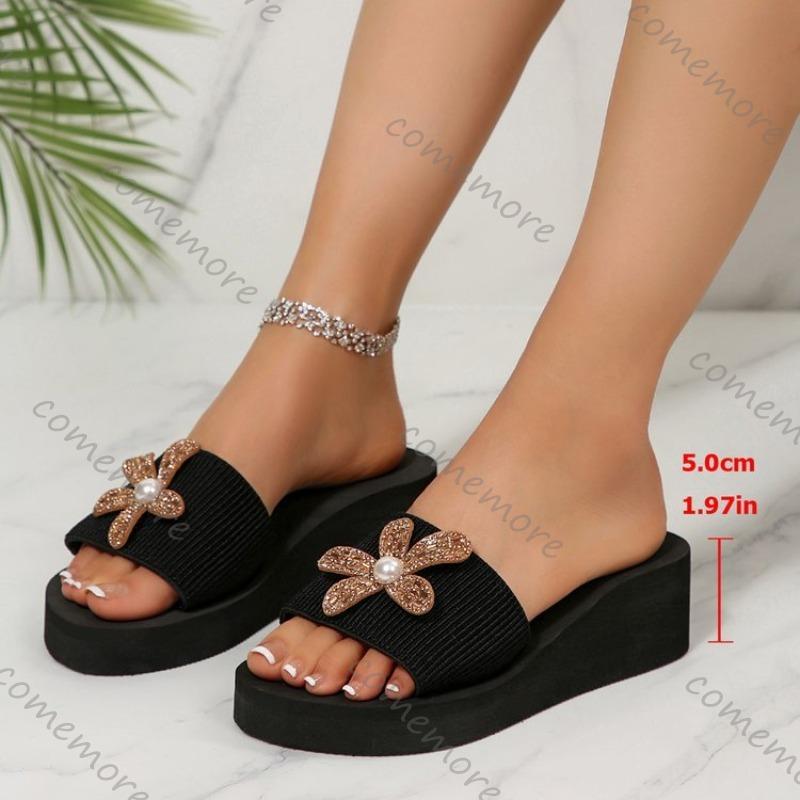 Women's Casual Slippers Thick Soles Wedge Heel Open Toe Fashionable Floral Rhinestone Decorative Outdoor Casual Wear Flip Flops