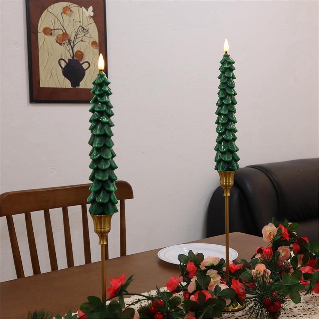 Christmas Tree Candles with Remote Timer, 2pcs Flameless LED Taper Candles Battery , Green Waxy Christmas Candlesticks