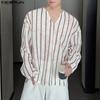 Men Long Sleeve Striped Crochet Hollow Semi-Sheer Texture Tops T-shirts