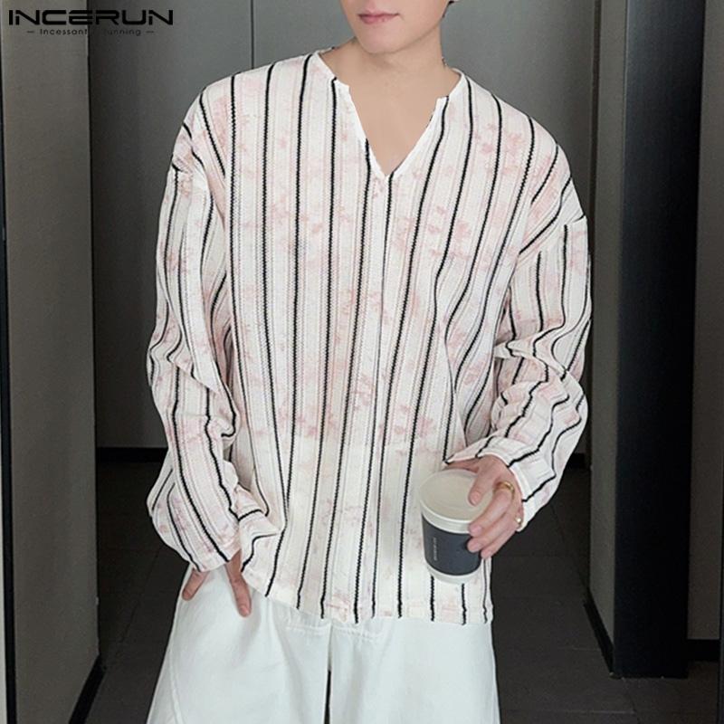 INCERUN Men Long Sleeve Striped Crochet Hollow Semi-Sheer Texture Tops T-shirts
