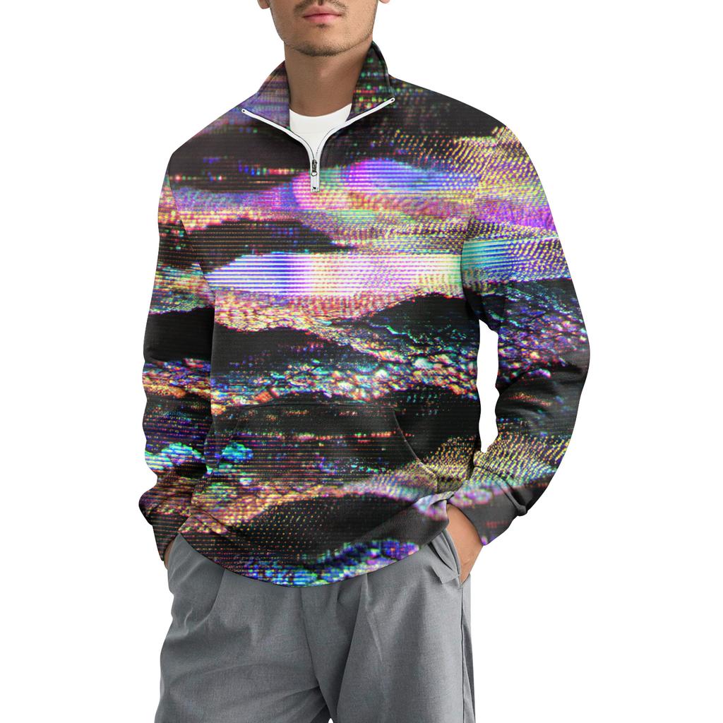 Men's Loose Casual 1/4 Zip Sweatshirt Fashion Printed Long Sleeve Top With Pockets