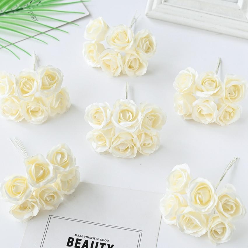 6Pcs Artificial Silk Rose Bundle For Christmas Wedding Bridal Bouquet Decoration Home Ornamental Flowerpot Accessory Fake Flower