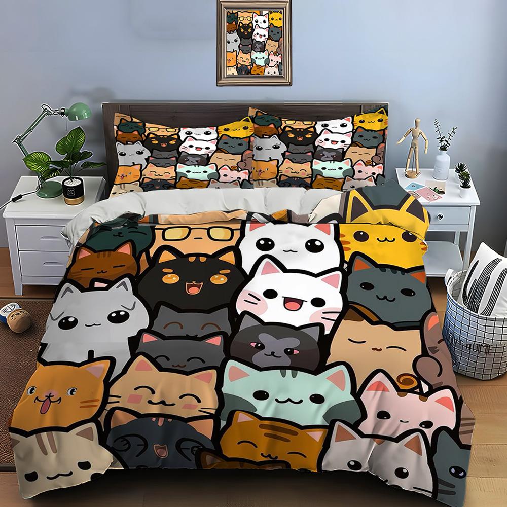 Cute Cartoon Cats Print Bedding Set Duvet Cover 1 Duvet Cover 2 Pillowcases Adult and Children Bedding Set Luxury Comforter Set