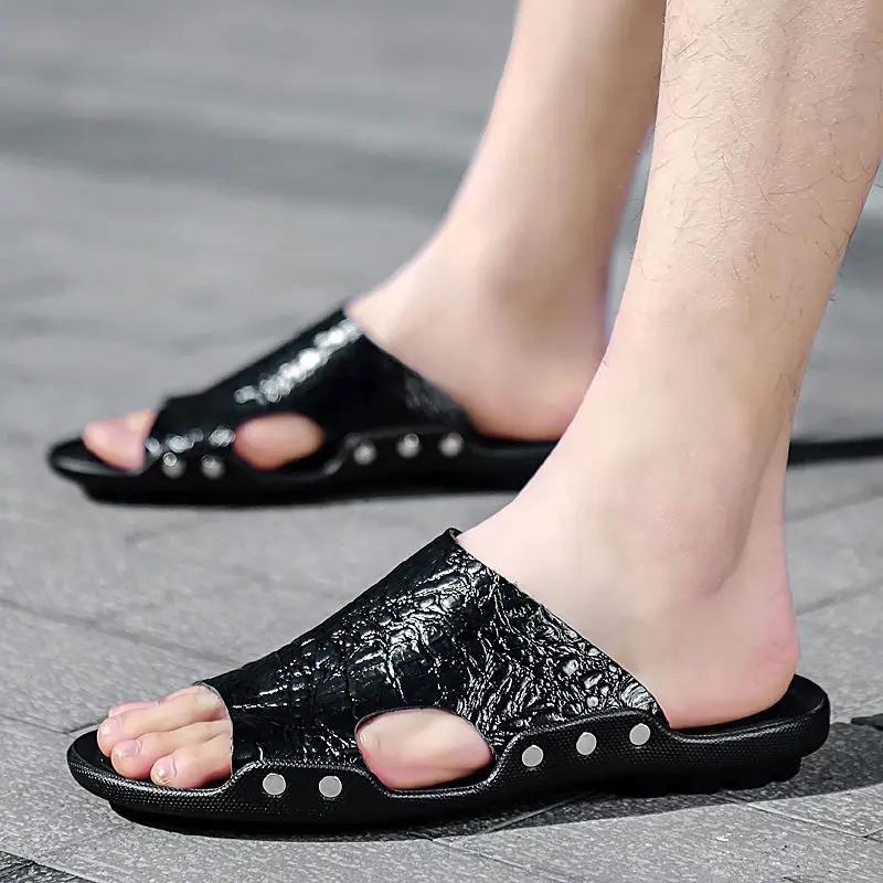 Fashion Lazy Men's Shoe House Beach Platform Slides Indoor Walk Around Home Genuine Leathe Pvc Fun Casual Elegant Y2k Adult Male Slipper