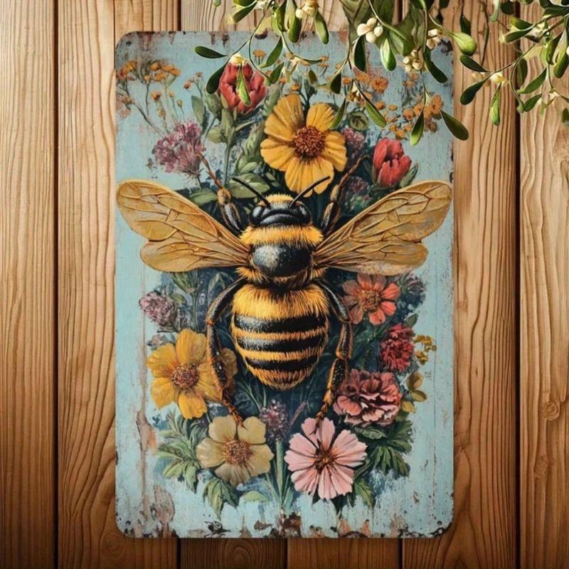 Vintage Metal Tin Sign Bee Flowers Wall Art 8x12 Inch Retro Iron Painting Home Decor