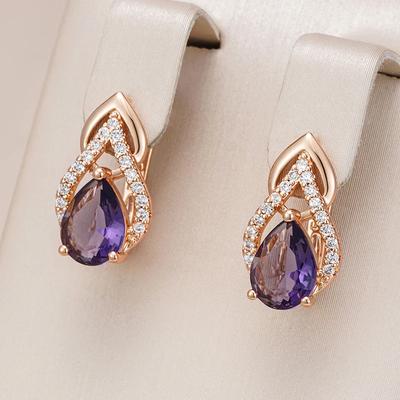1 Pair Purple Zircon Water Drop Earrings for Women Vintage Gold Color Wedding Party Jewelry Fashion Accessories
