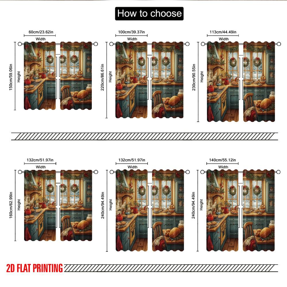 2pcs 2D flat printing Happy Christmas Scene Curtains Christmas Kitchen Scene Cozy Festive Digital Printed Polyester Drapes