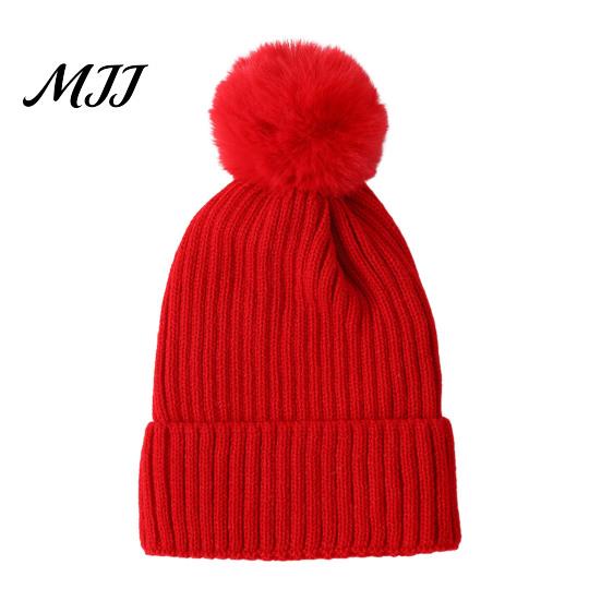Warm Knitted Hats Winter Hat with Fluffy Fur Ball, Thick Cuffed Cap, Elastic Soft Outdoor Travel Headgear Stretchy Fabric Solid Color for And