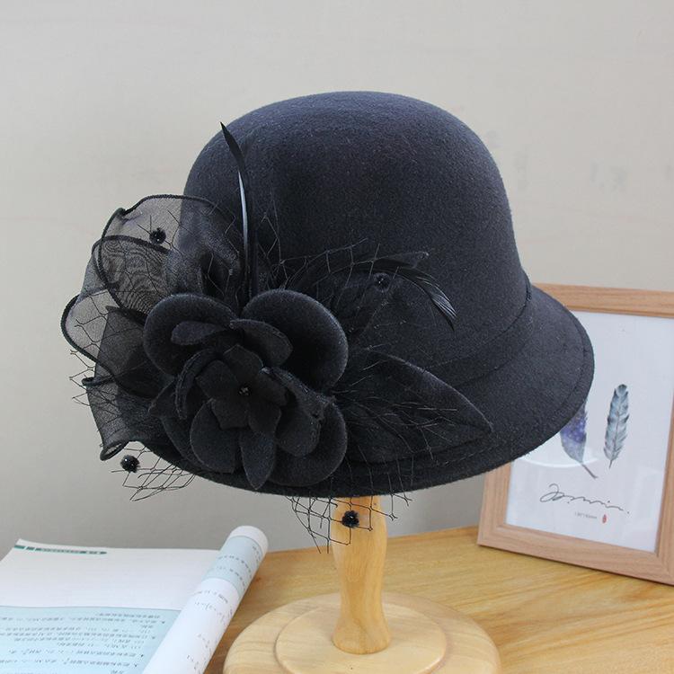 Autumn And Winter Thermal Hat Women'S British Retro Woolen Hat Elegant Celebrity Mesh Flower Bowler Hat