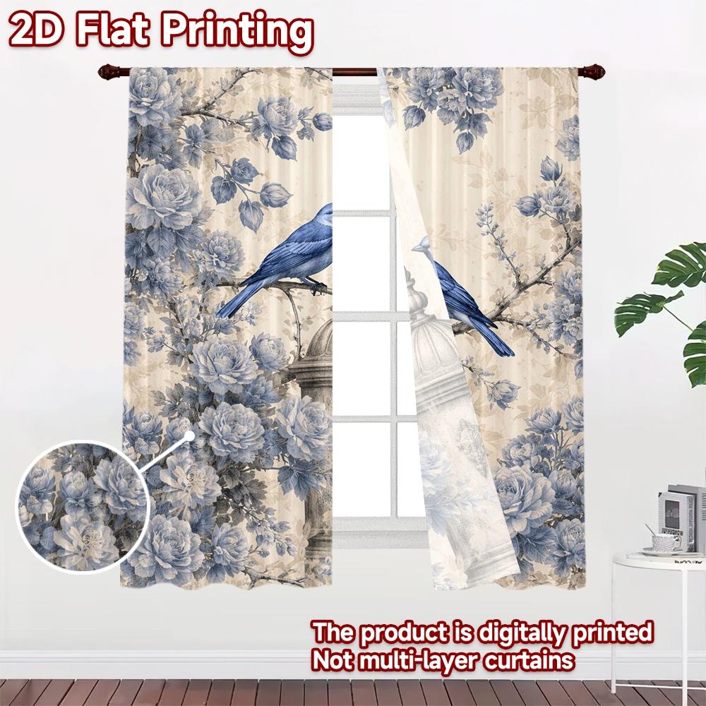 2D FLAT PRINTING 2pcs Curtains (Without Rod) Vintage Bluebirds and Roses Fashionable Popular Curtains Polyester Curtains Room