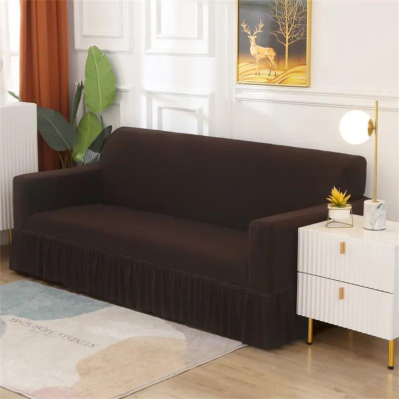 Solid Color Elastic Sofa Cover With Skirt Home Decor Non-slip Slipcover Furniture Couch Protector Cover