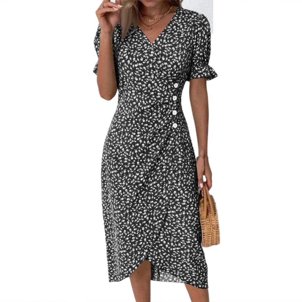 Women's Summer Casual Dress V Neck A-line Boho Ditsy Floral Flounce Sleeve Wrap Hem Dress