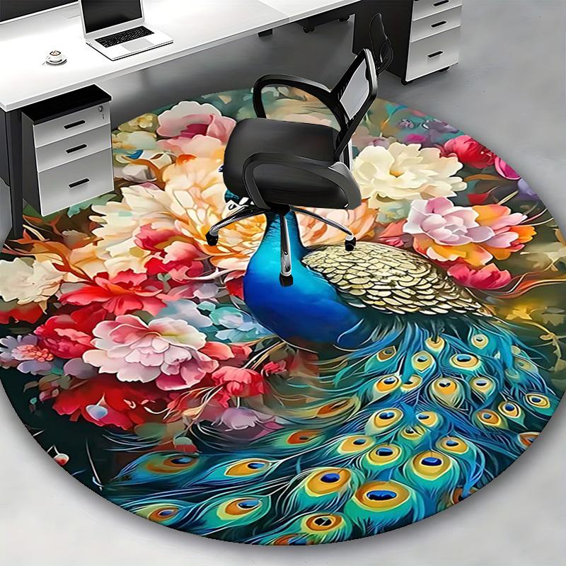 1pc Peacock Floral Round Carpet Anime Design Office Chair Mat, Non Slip Rug for Home Decor, Gift, Office, Living Room, Bedroom